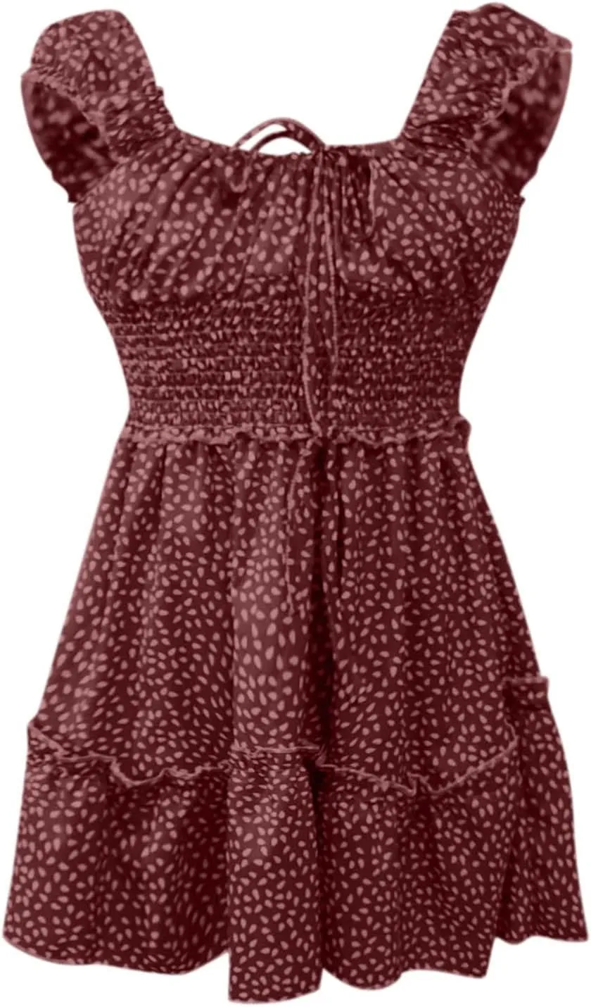 Women Summer Ruffle Sleeve Mini Dress Sweetheart Neckline Printing Dress Sexy Tiered Ruffled Hem Vacation Dresses