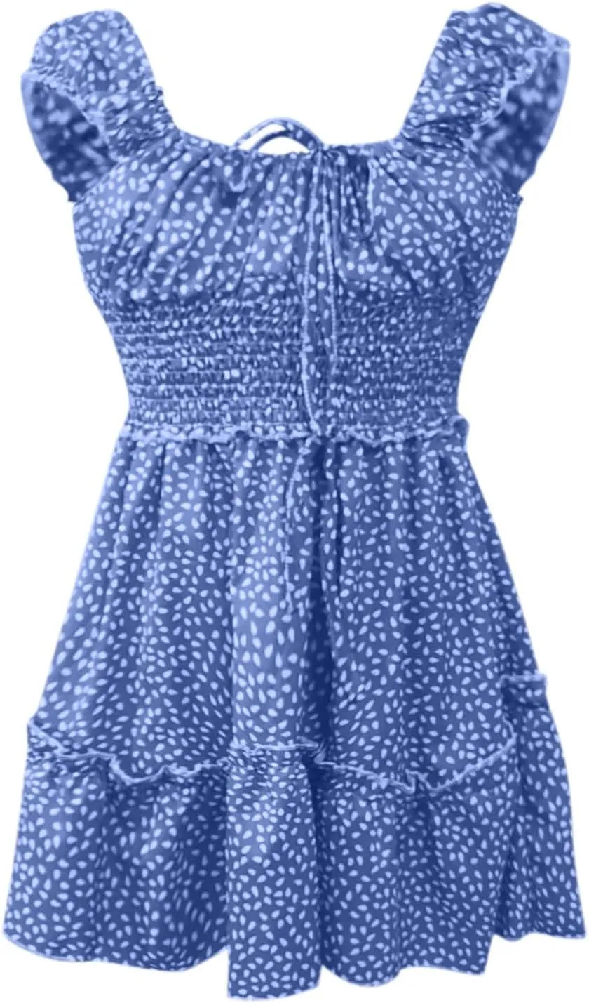 Women Summer Ruffle Sleeve Mini Dress Sweetheart Neckline Printing Dress Sexy Tiered Ruffled Hem Vacation Dresses
