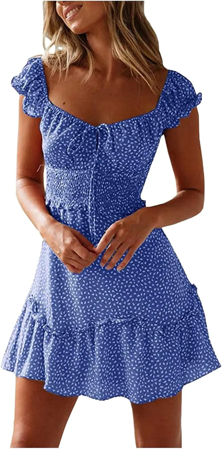Women Summer Ruffle Sleeve Mini Dress Sweetheart Neckline Printing Dress Sexy Tiered Ruffled Hem Vacation Dresses