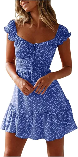 Women Summer Ruffle Sleeve Mini Dress Sweetheart Neckline Printing Dress Sexy Tiered Ruffled Hem Vacation Dresses