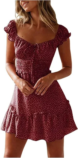 Women Summer Ruffle Sleeve Mini Dress Sweetheart Neckline Printing Dress Sexy Tiered Ruffled Hem Vacation Dresses