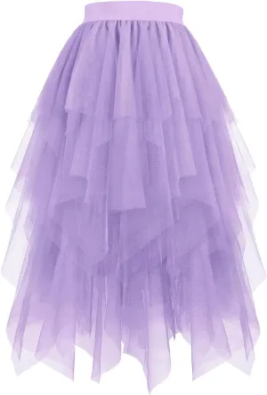 Women Tulle Skirt Elastic Mesh Layered Asymmetrical Pleat Skirt Casual Fashion Elegant Evening Party Sparkly Skirts