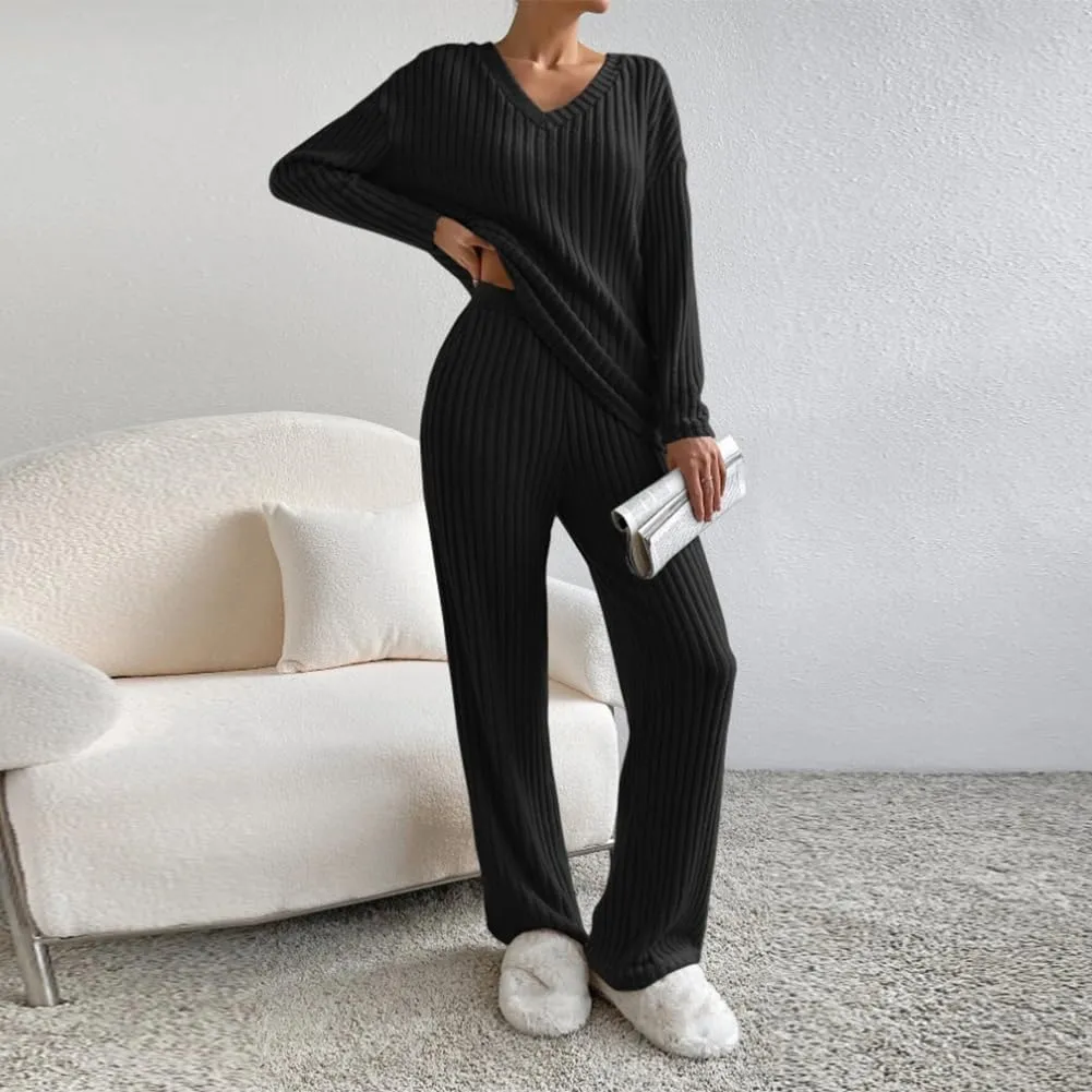 Women Two Piece Lounge Set Fall Winter Pajama Sets Long Sleeve Tracksuit Loungewear Ribbed Knit Sweater Sleepwear