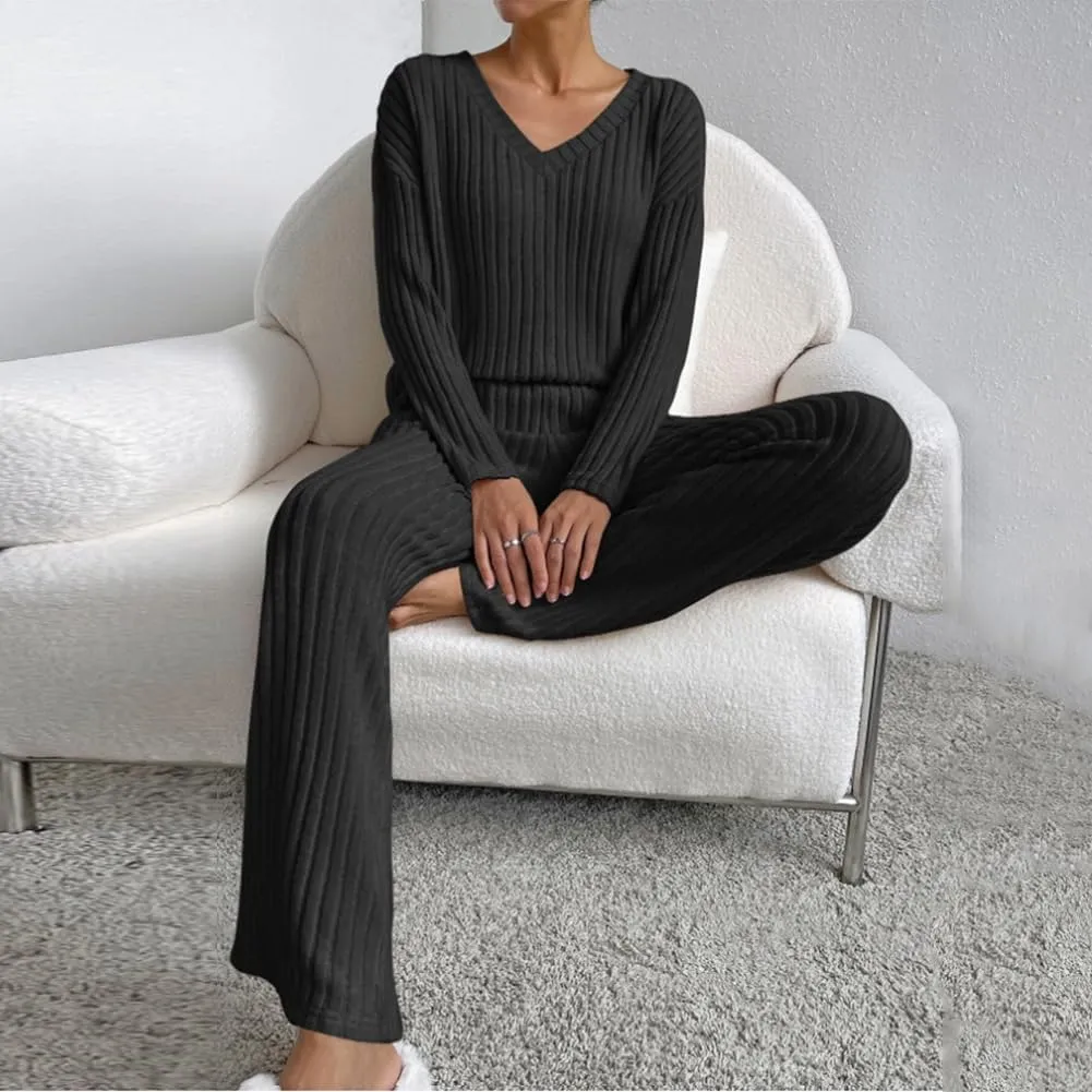 Women Two Piece Lounge Set Fall Winter Pajama Sets Long Sleeve Tracksuit Loungewear Ribbed Knit Sweater Sleepwear