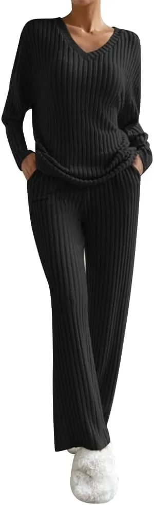 Women Two Piece Lounge Set Fall Winter Pajama Sets Long Sleeve Tracksuit Loungewear Ribbed Knit Sweater Sleepwear
