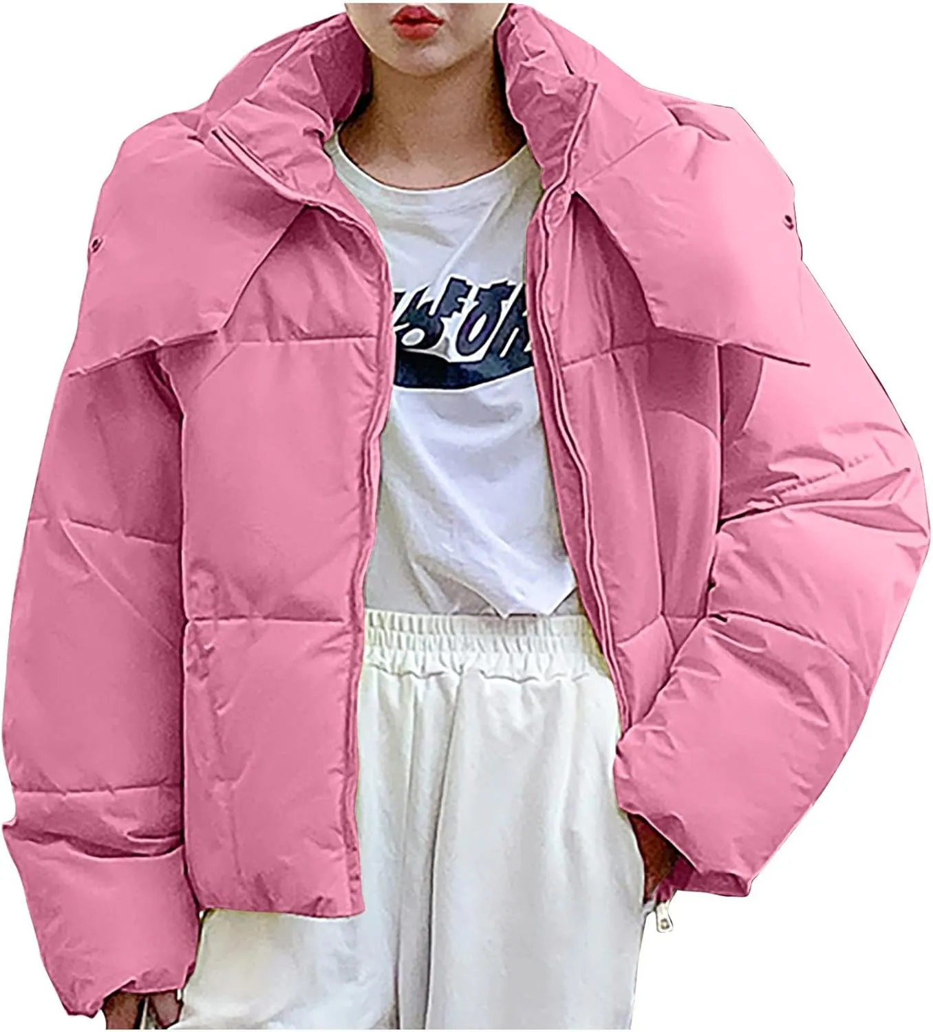 Women Winter Coat Cropped Puffer Jacket Long Sleeve Baggy Padded Down Coats Warm Thickened Quilted Jacket Short Parka