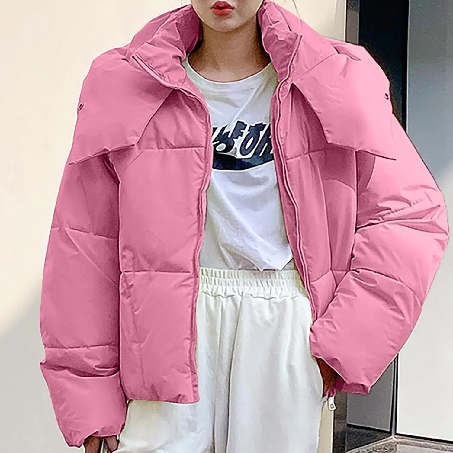 Women Winter Coat Cropped Puffer Jacket Long Sleeve Baggy Padded Down Coats Warm Thickened Quilted Jacket Short Parka