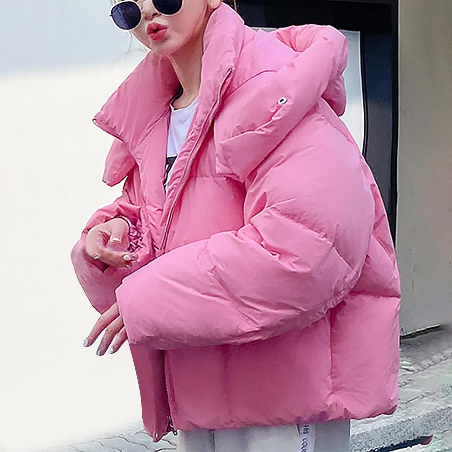 Women Winter Coat Cropped Puffer Jacket Long Sleeve Baggy Padded Down Coats Warm Thickened Quilted Jacket Short Parka