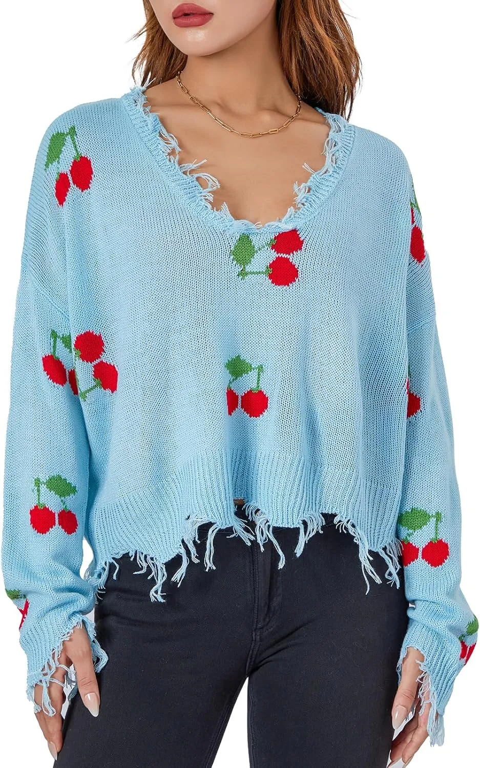 Women Y2k Sweater Cable Knit Long Sleeve Crop Sweater Cherry Plaid Print Ripped V Neck Loose Knit Jumper
