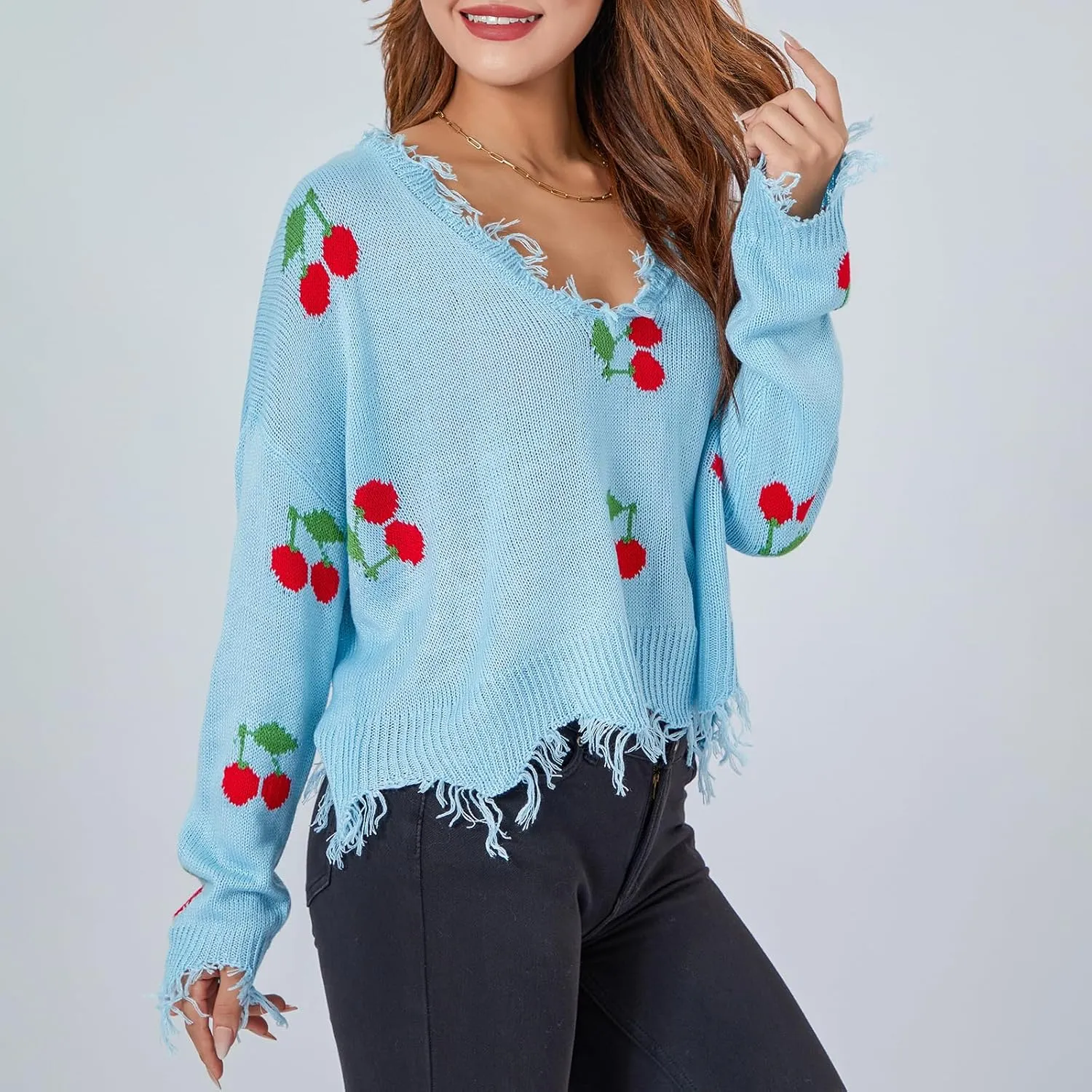 Women Y2k Sweater Cable Knit Long Sleeve Crop Sweater Cherry Plaid Print Ripped V Neck Loose Knit Jumper