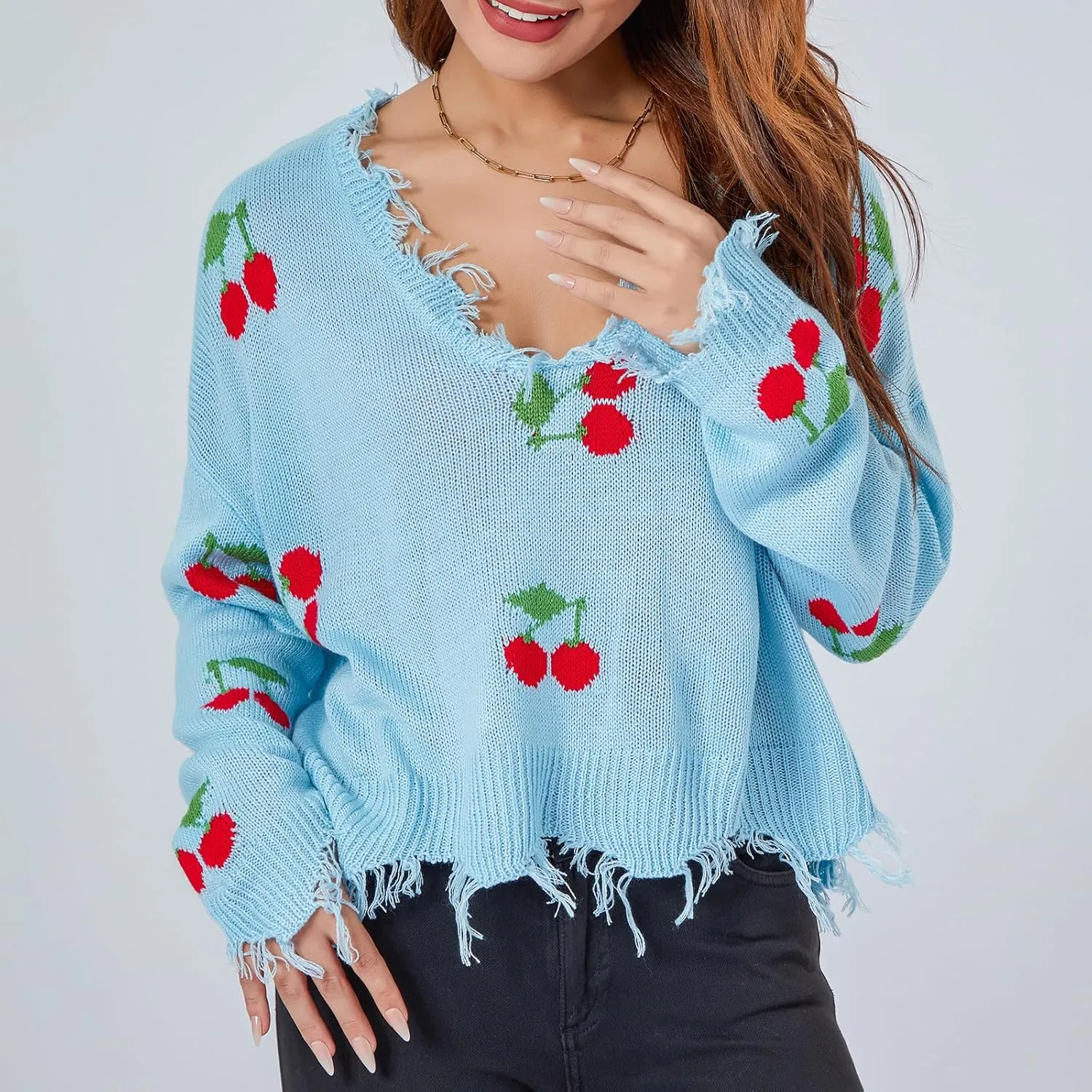 Women Y2k Sweater Cable Knit Long Sleeve Crop Sweater Cherry Plaid Print Ripped V Neck Loose Knit Jumper