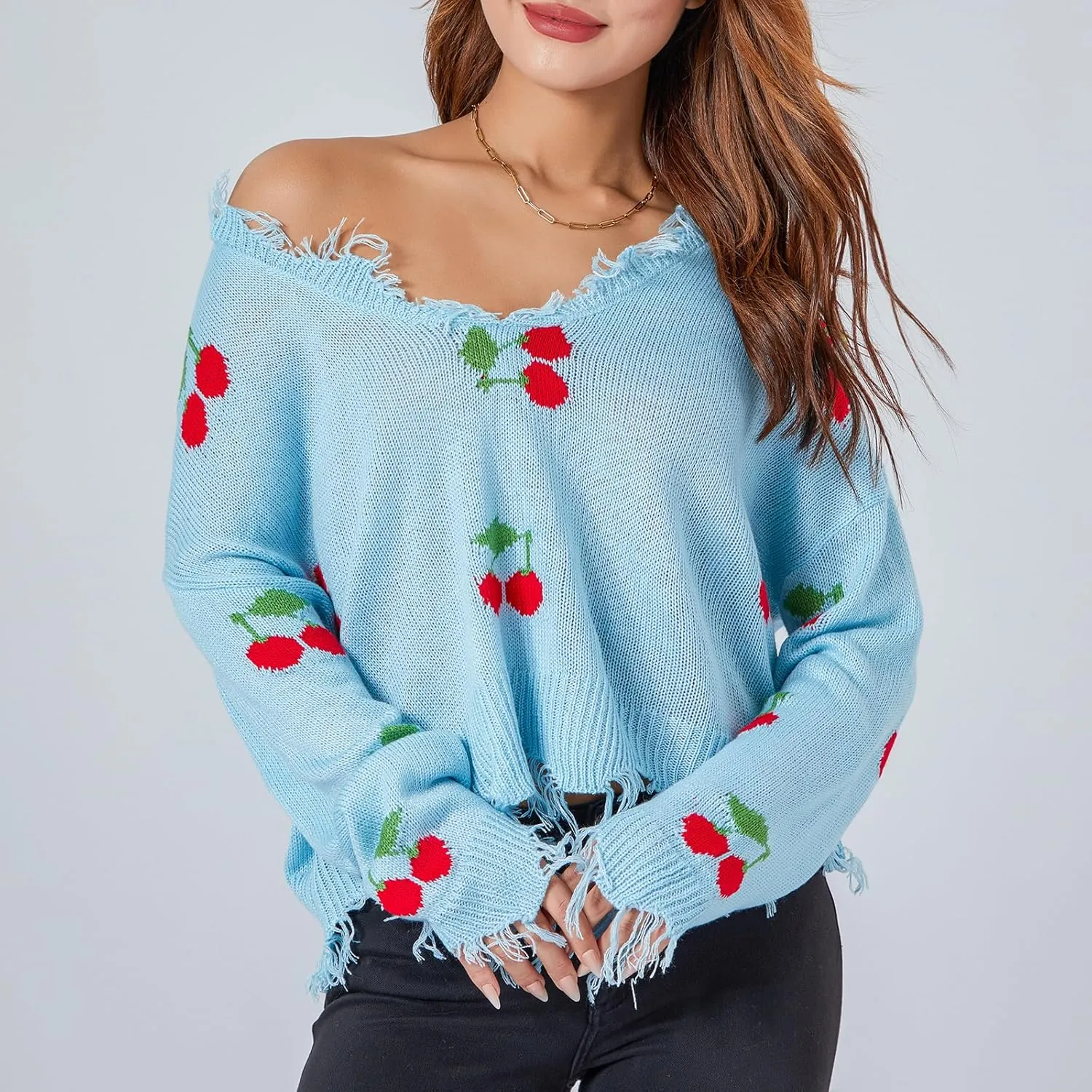Women Y2k Sweater Cable Knit Long Sleeve Crop Sweater Cherry Plaid Print Ripped V Neck Loose Knit Jumper