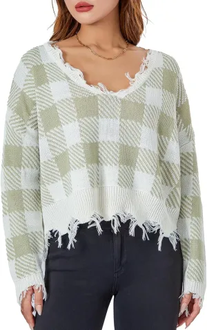 Women Y2k Sweater Cable Knit Long Sleeve Crop Sweater Cherry Plaid Print Ripped V Neck Loose Knit Jumper