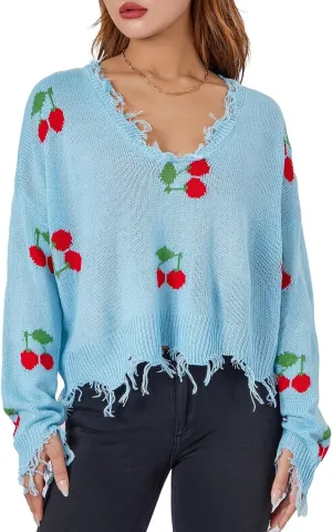 Women Y2k Sweater Cable Knit Long Sleeve Crop Sweater Cherry Plaid Print Ripped V Neck Loose Knit Jumper