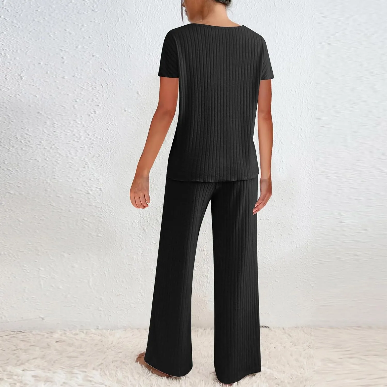Womens 2 Piece Lounge Sets Casual Short Sleeve Knit Sweater Top and Wide Leg Pants Set Trendy Summer Outfits Clothes