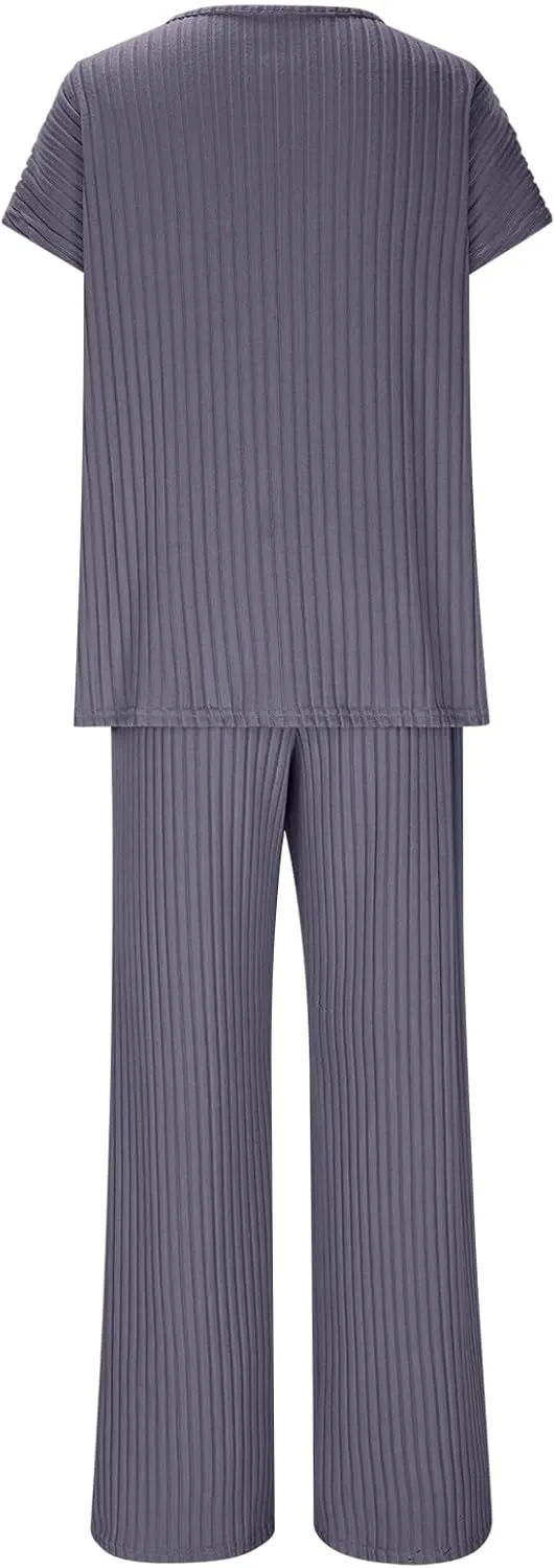 Womens 2 Piece Lounge Sets Casual Short Sleeve Knit Sweater Top and Wide Leg Pants Set Trendy Summer Outfits Clothes