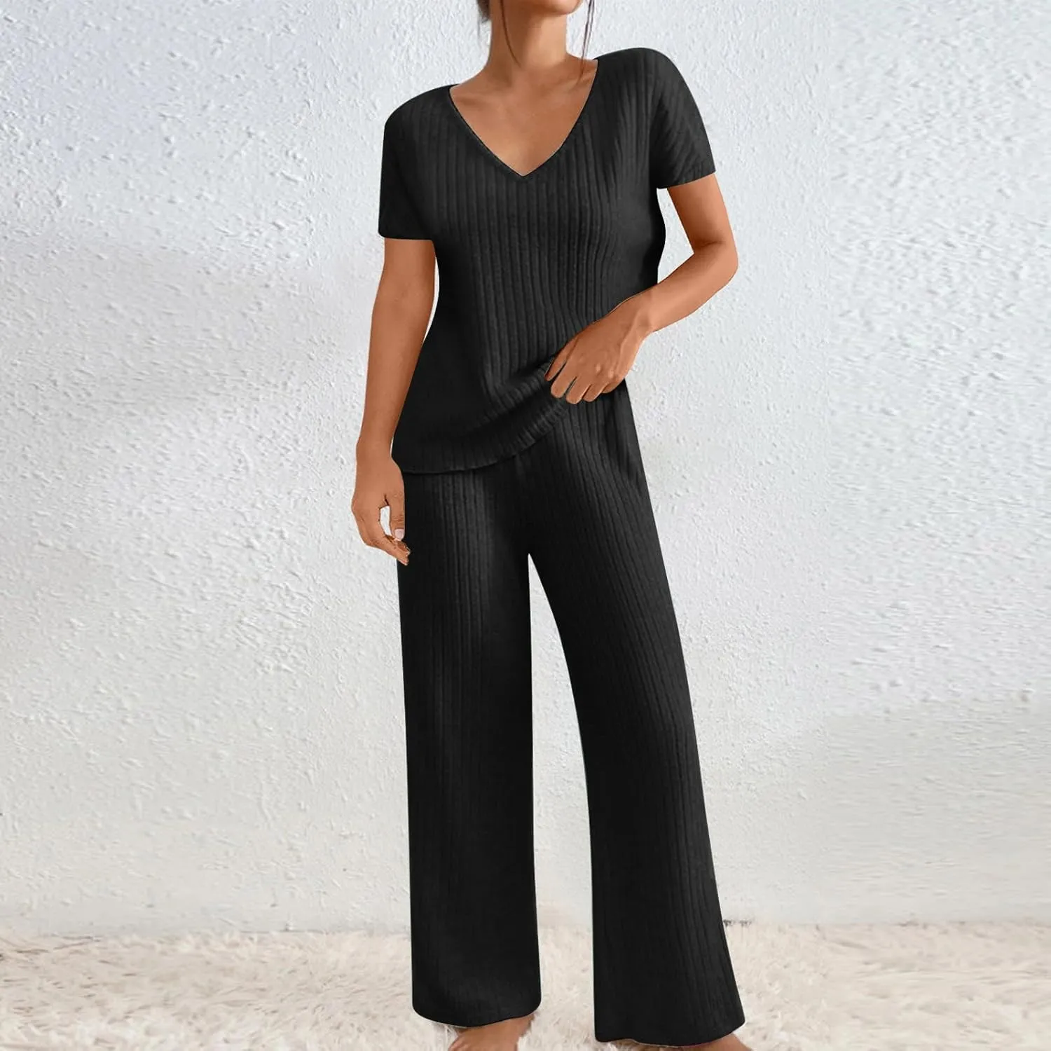 Womens 2 Piece Lounge Sets Casual Short Sleeve Knit Sweater Top and Wide Leg Pants Set Trendy Summer Outfits Clothes