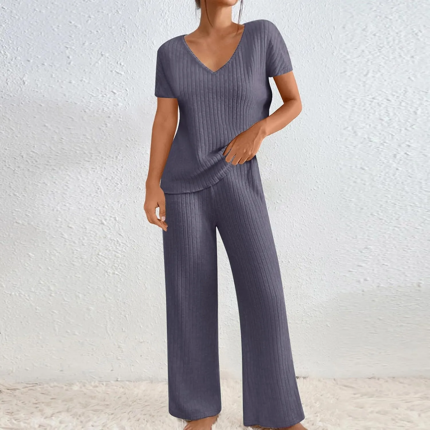 Womens 2 Piece Lounge Sets Casual Short Sleeve Knit Sweater Top and Wide Leg Pants Set Trendy Summer Outfits Clothes