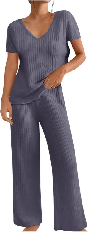 Womens 2 Piece Lounge Sets Casual Short Sleeve Knit Sweater Top and Wide Leg Pants Set Trendy Summer Outfits Clothes