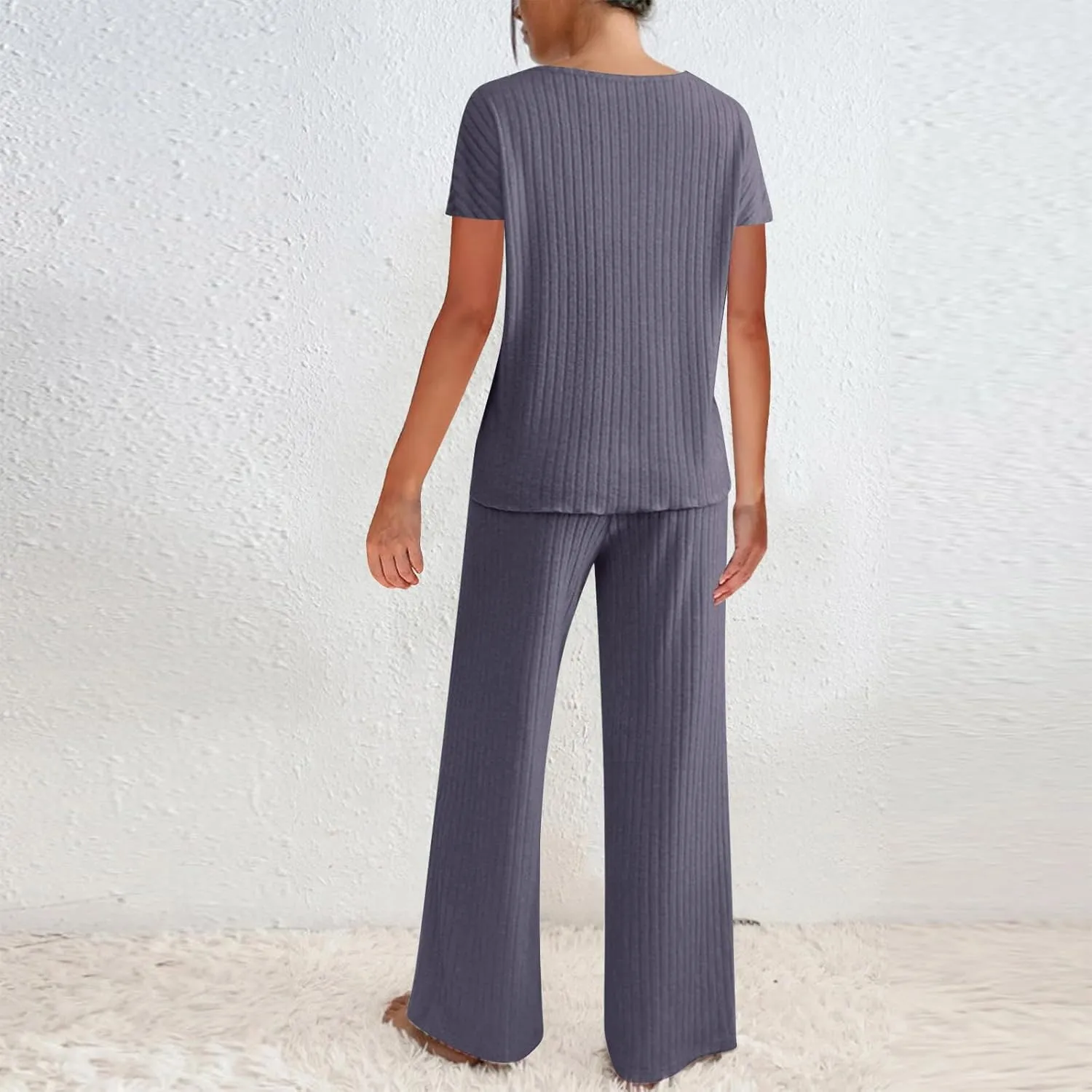 Womens 2 Piece Lounge Sets Casual Short Sleeve Knit Sweater Top and Wide Leg Pants Set Trendy Summer Outfits Clothes