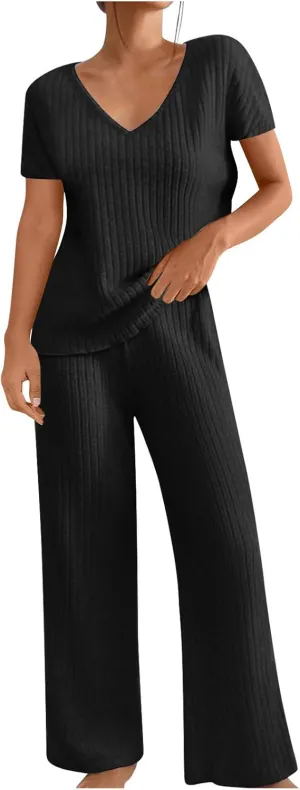 Womens 2 Piece Lounge Sets Casual Short Sleeve Knit Sweater Top and Wide Leg Pants Set Trendy Summer Outfits Clothes