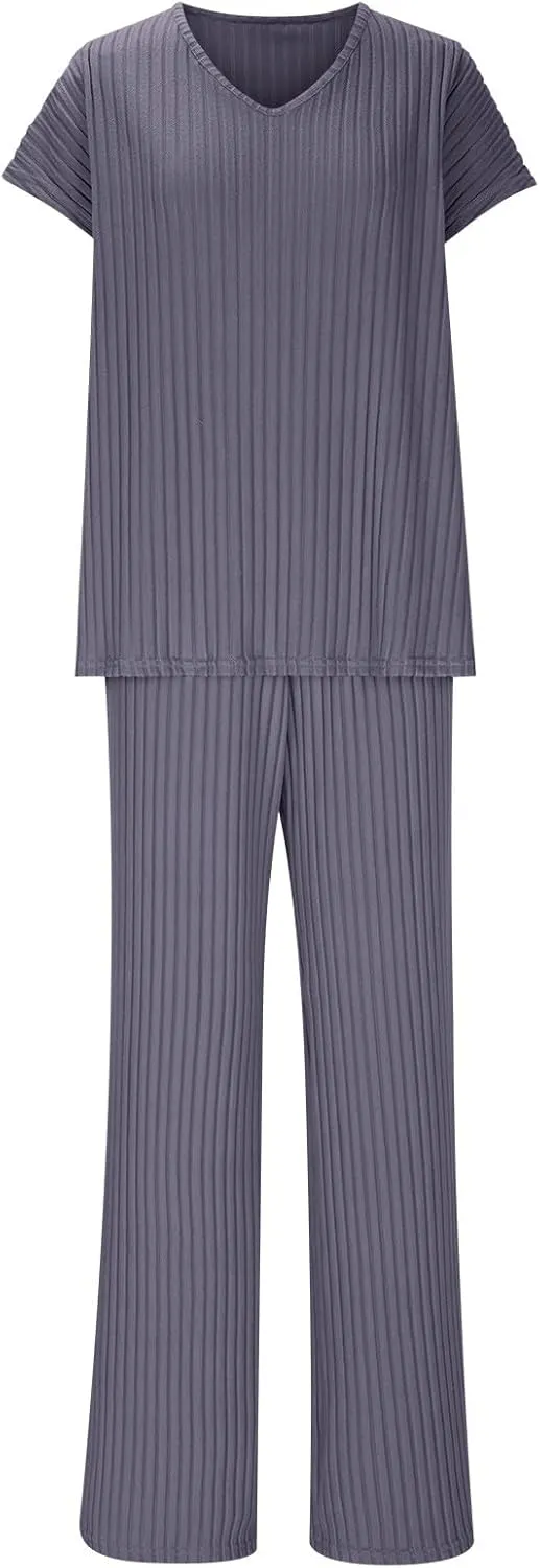 Womens 2 Piece Lounge Sets Casual Short Sleeve Knit Sweater Top and Wide Leg Pants Set Trendy Summer Outfits Clothes