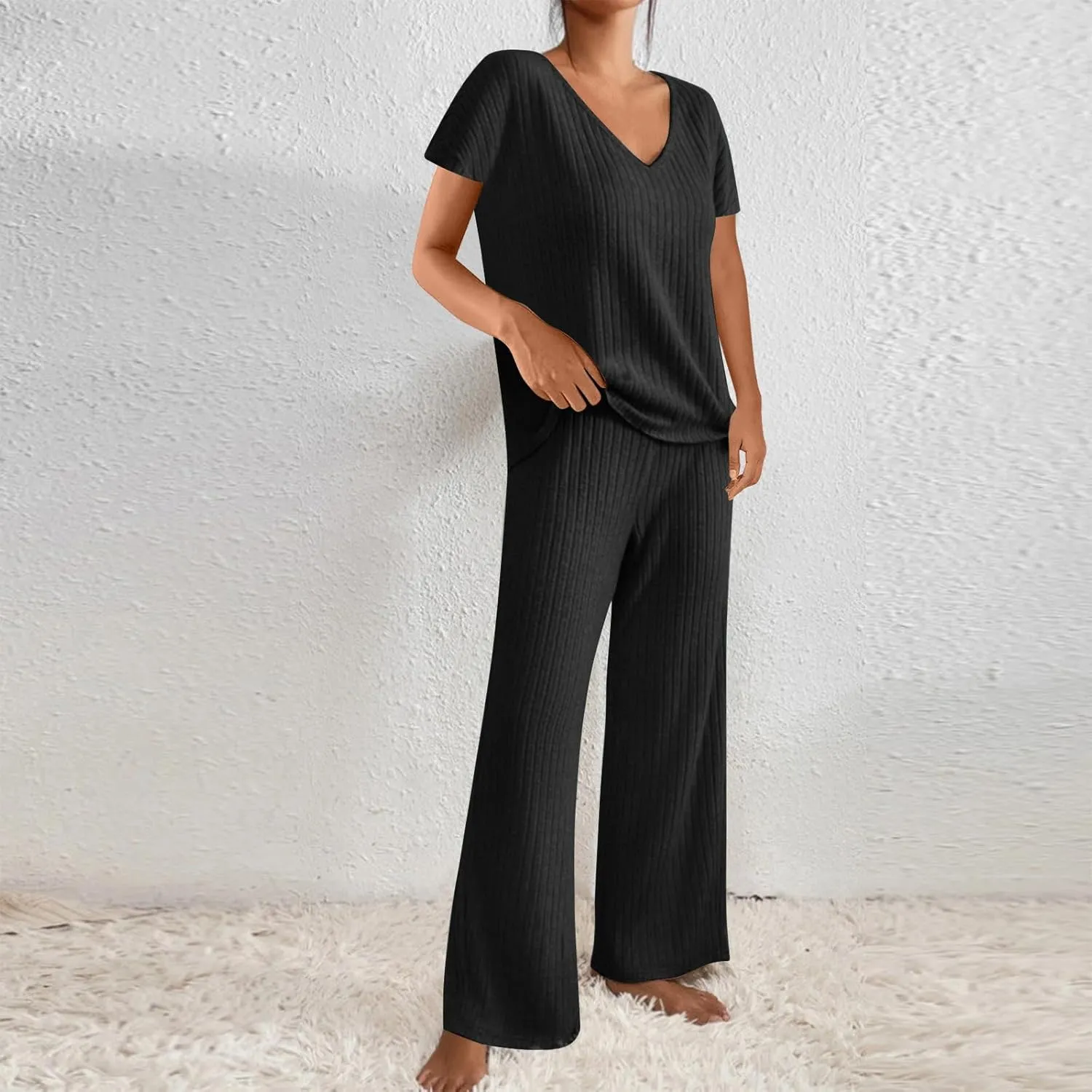 Womens 2 Piece Lounge Sets Casual Short Sleeve Knit Sweater Top and Wide Leg Pants Set Trendy Summer Outfits Clothes
