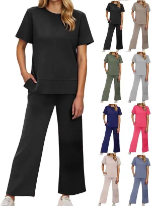 Womens 2 Piece Lounge Sets Fashion Outfits Oversized Wide Leg Loungewear Side Slit Tracksuit for Vacation Travel Airport