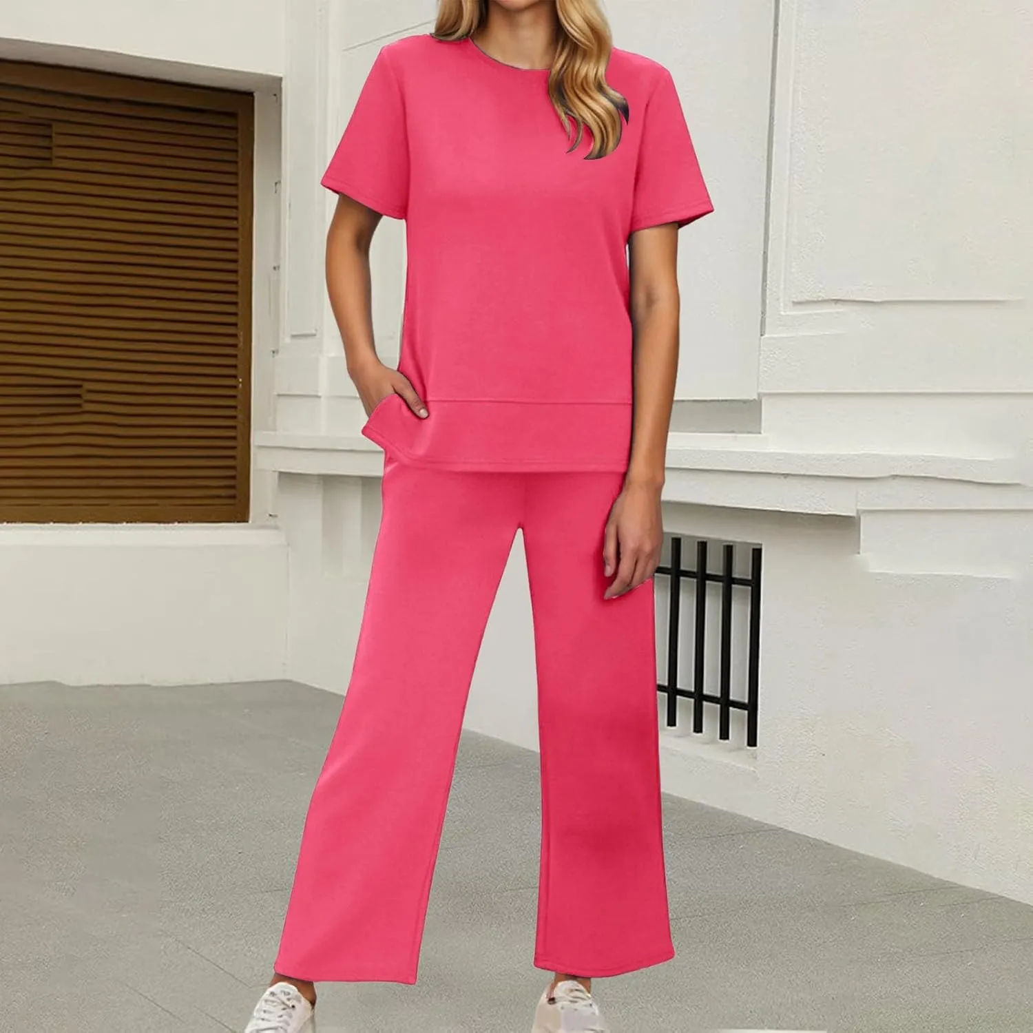 Womens 2 Piece Lounge Sets Fashion Outfits Oversized Wide Leg Loungewear Side Slit Tracksuit for Vacation Travel Airport