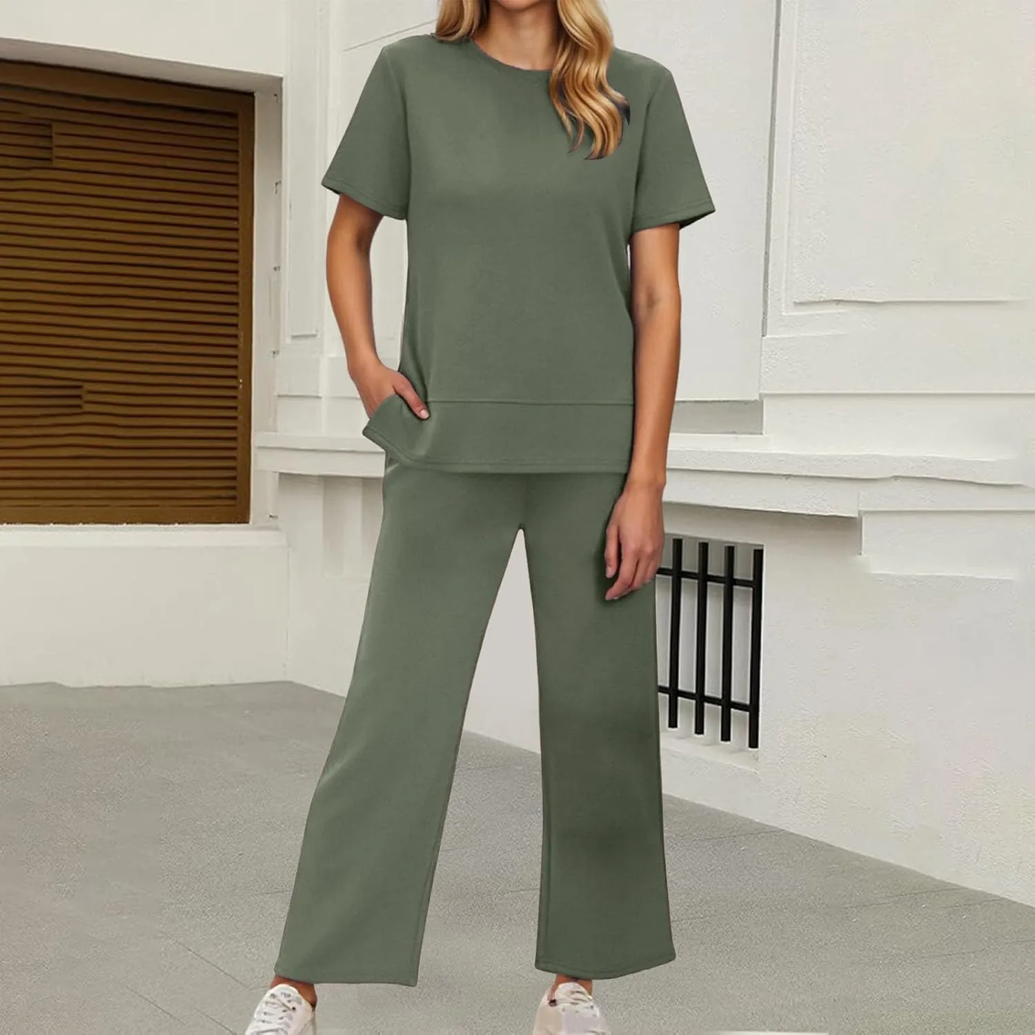 Womens 2 Piece Lounge Sets Fashion Outfits Oversized Wide Leg Loungewear Side Slit Tracksuit for Vacation Travel Airport