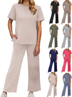 Womens 2 Piece Lounge Sets Fashion Outfits Oversized Wide Leg Loungewear Side Slit Tracksuit for Vacation Travel Airport