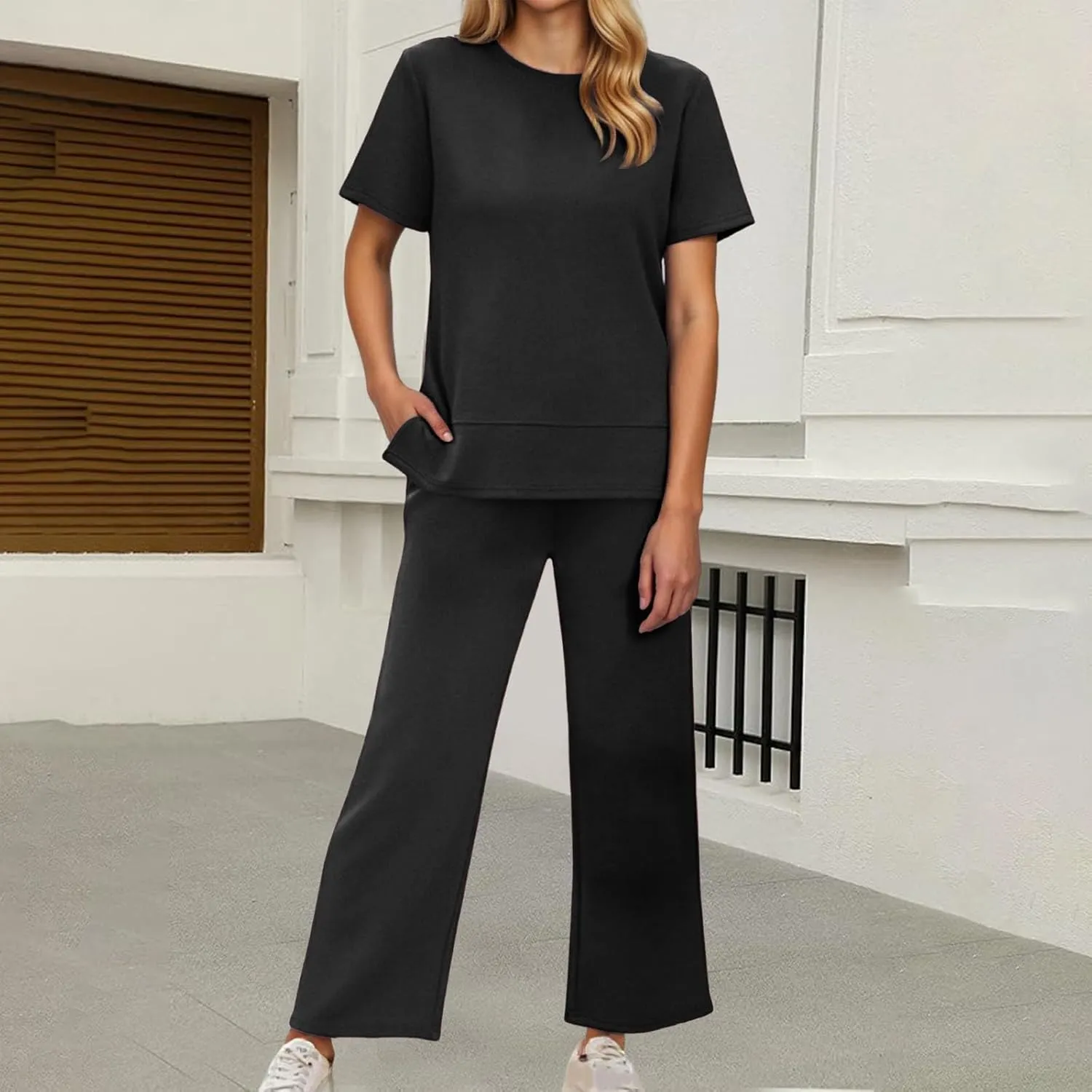 Womens 2 Piece Lounge Sets Fashion Outfits Oversized Wide Leg Loungewear Side Slit Tracksuit for Vacation Travel Airport