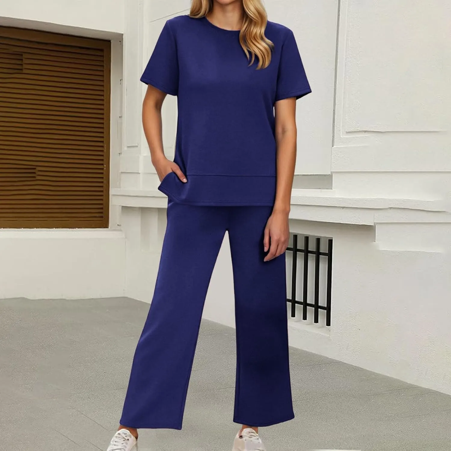 Womens 2 Piece Lounge Sets Fashion Outfits Oversized Wide Leg Loungewear Side Slit Tracksuit for Vacation Travel Airport