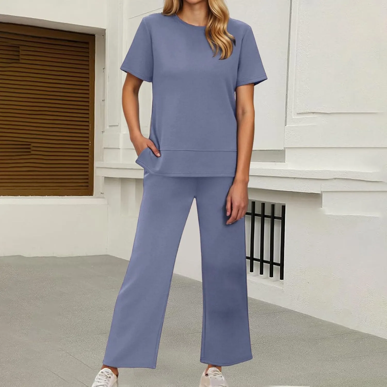 Womens 2 Piece Lounge Sets Fashion Outfits Oversized Wide Leg Loungewear Side Slit Tracksuit for Vacation Travel Airport