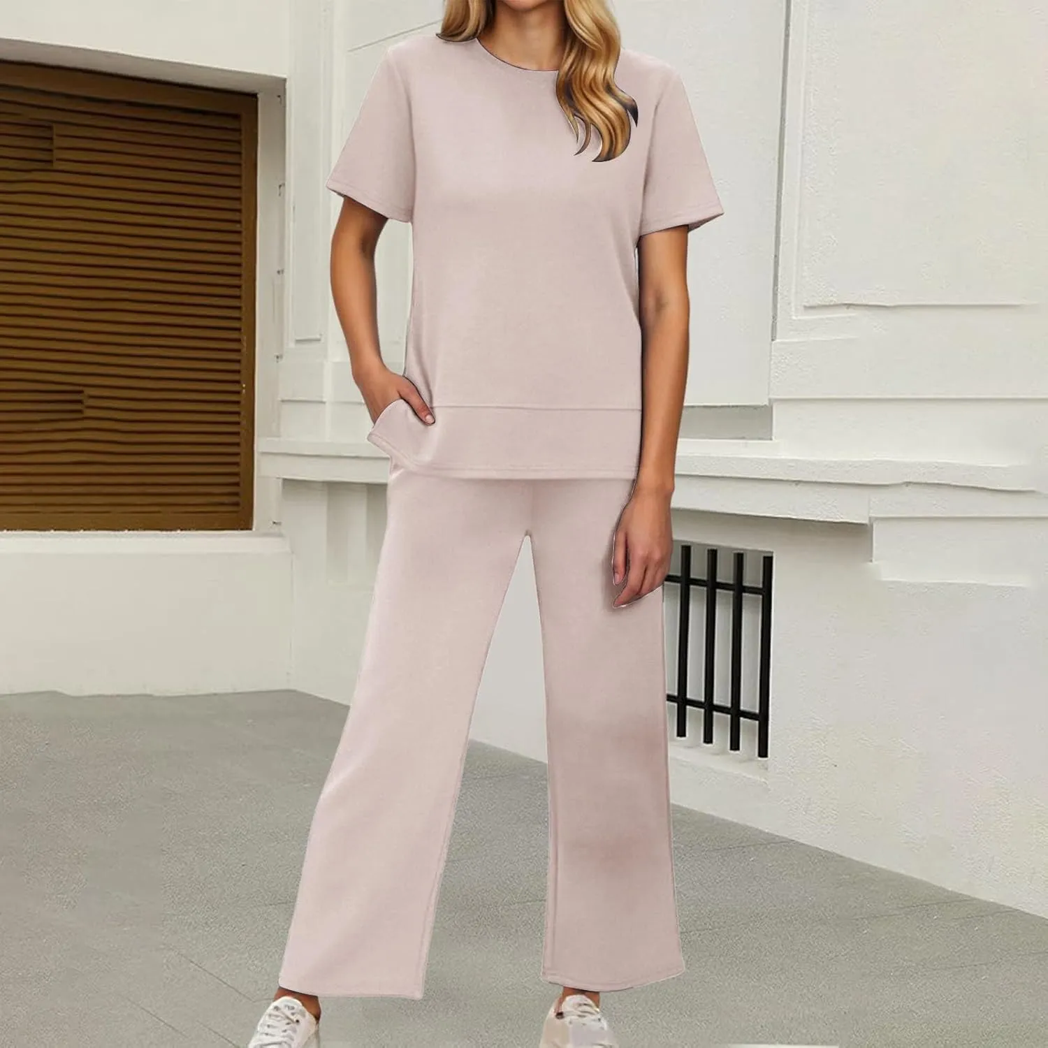 Womens 2 Piece Lounge Sets Fashion Outfits Oversized Wide Leg Loungewear Side Slit Tracksuit for Vacation Travel Airport