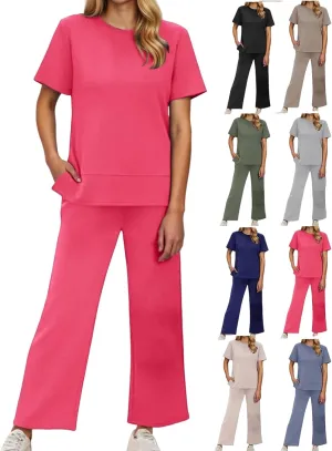 Womens 2 Piece Lounge Sets Fashion Outfits Oversized Wide Leg Loungewear Side Slit Tracksuit for Vacation Travel Airport
