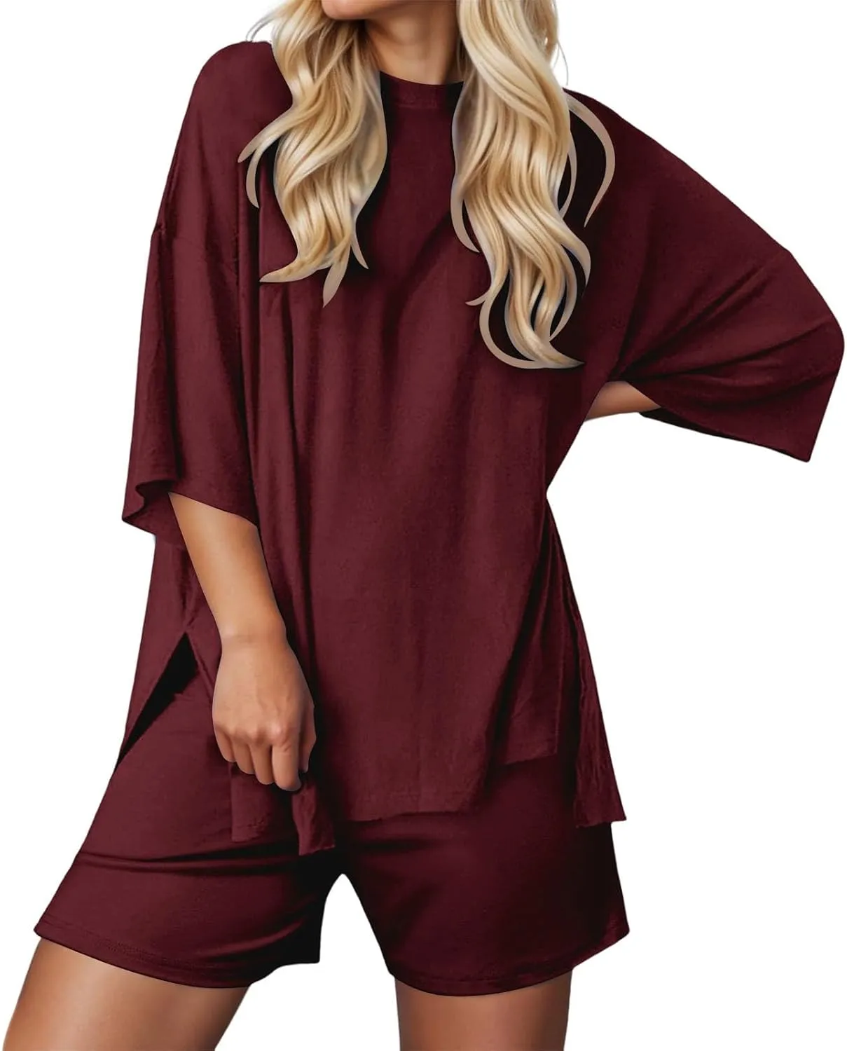 Womens 2 Piece Lounge Sets Solid Casual Outfits Oversized 3/4 Sleeve T Shirts and Shorts Lounge Sets for Women Summer