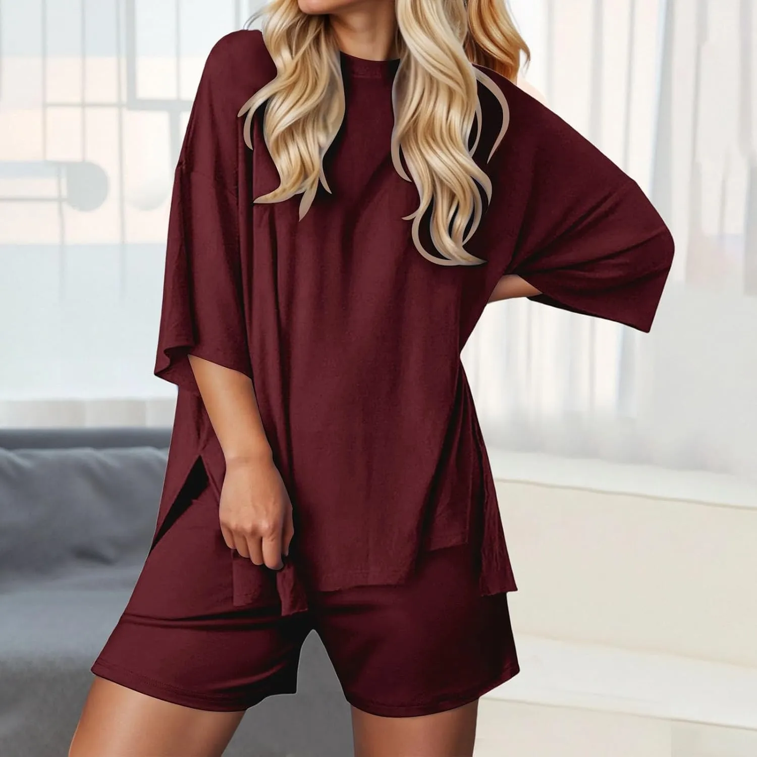 Womens 2 Piece Lounge Sets Solid Casual Outfits Oversized 3/4 Sleeve T Shirts and Shorts Lounge Sets for Women Summer