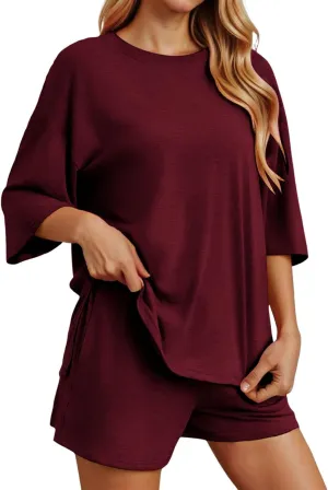 Womens 2 Piece Lounge Sets Solid Casual Outfits Oversized 3/4 Sleeve T Shirts and Shorts Lounge Sets for Women Summer
