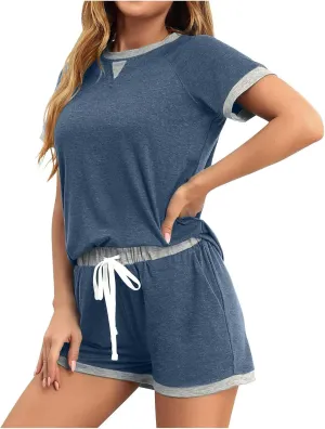 Women's 2 Piece Lounge Sets Summer Pajama Matching Outfits Short Sleeve Tops and Drawstring Shorts Soft Loungewear