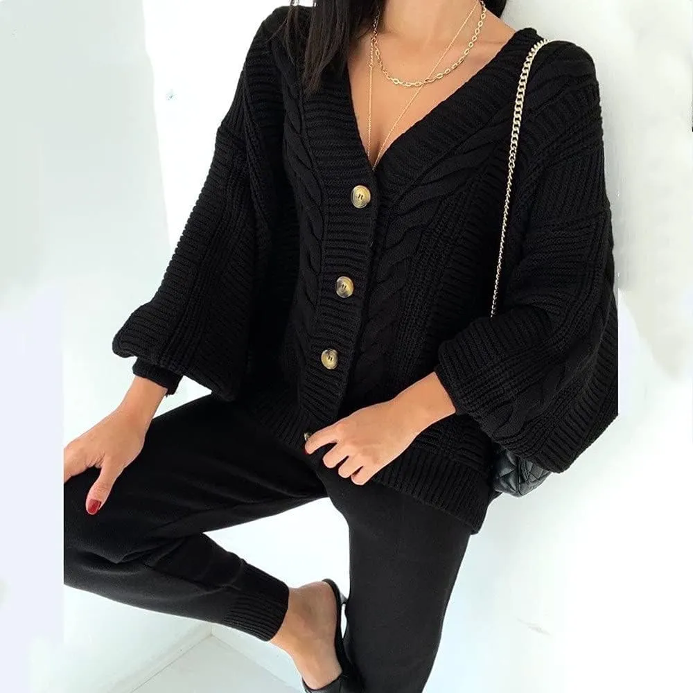 Women's 2 Piece Outfit Lounge Set Trendy Cardigan Sweater Pants Sets V Neck Button Pockets Knit Matching Loungewear