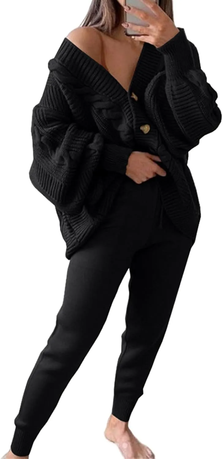Women's 2 Piece Outfit Lounge Set Trendy Cardigan Sweater Pants Sets V Neck Button Pockets Knit Matching Loungewear