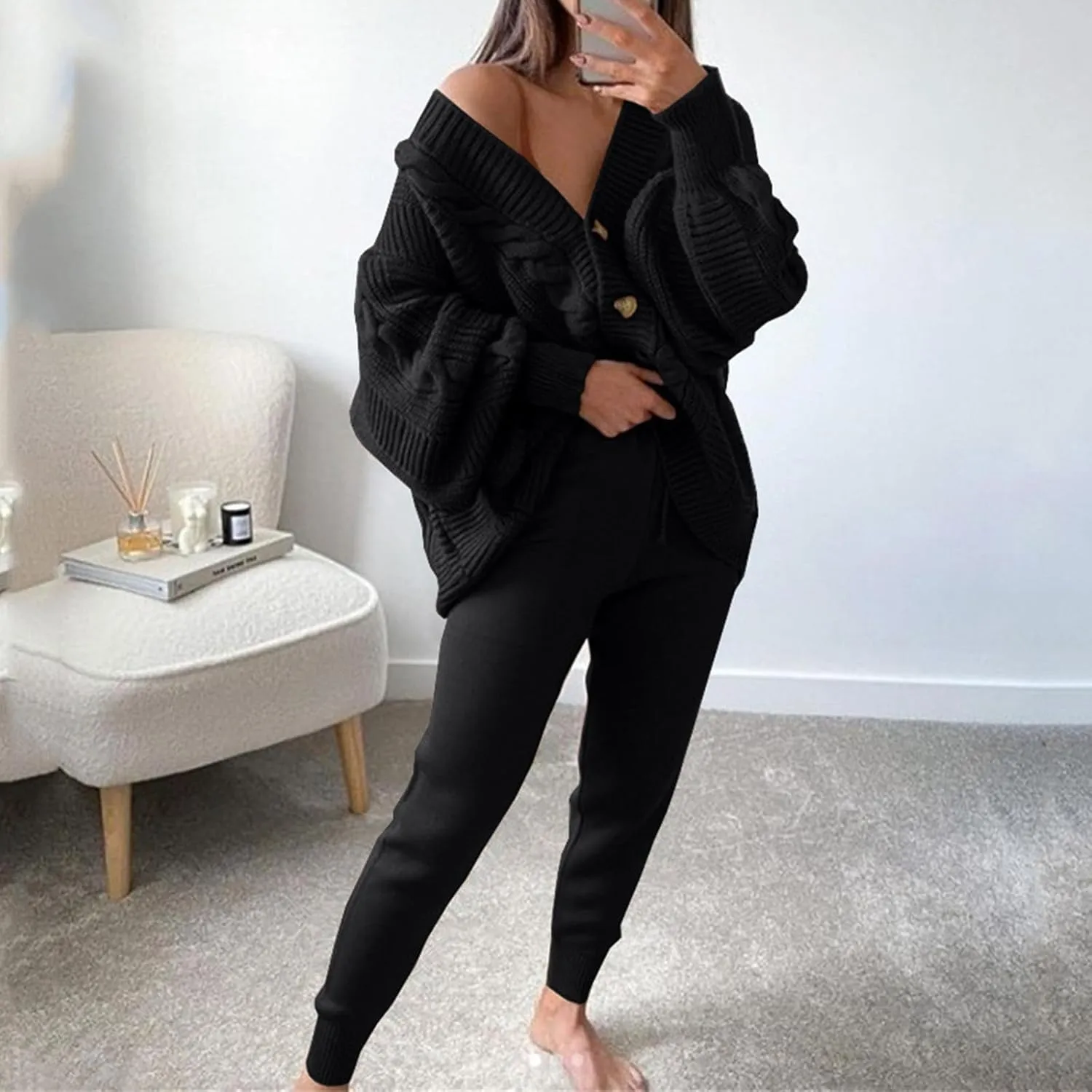 Women's 2 Piece Outfit Lounge Set Trendy Cardigan Sweater Pants Sets V Neck Button Pockets Knit Matching Loungewear