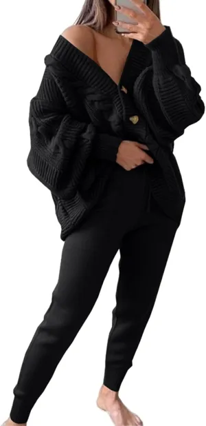 Women's 2 Piece Outfit Lounge Set Trendy Cardigan Sweater Pants Sets V Neck Button Pockets Knit Matching Loungewear