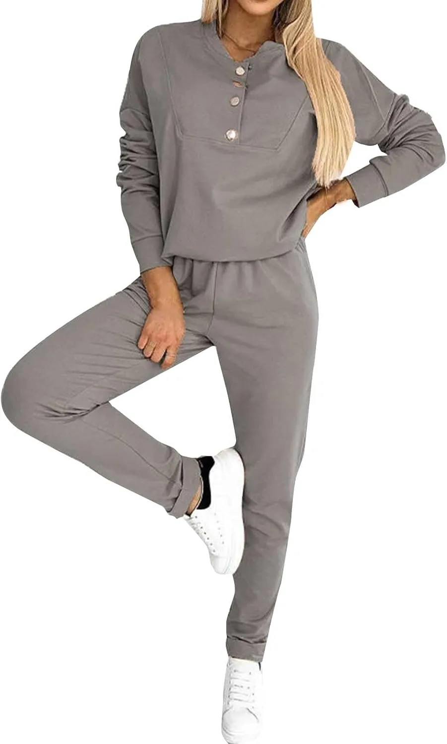 Womens 2 Piece Outfits Button Own Slim Fit Long Sleeved T Shirt Pants Two Piece Oversized Sweatshirt Jogger