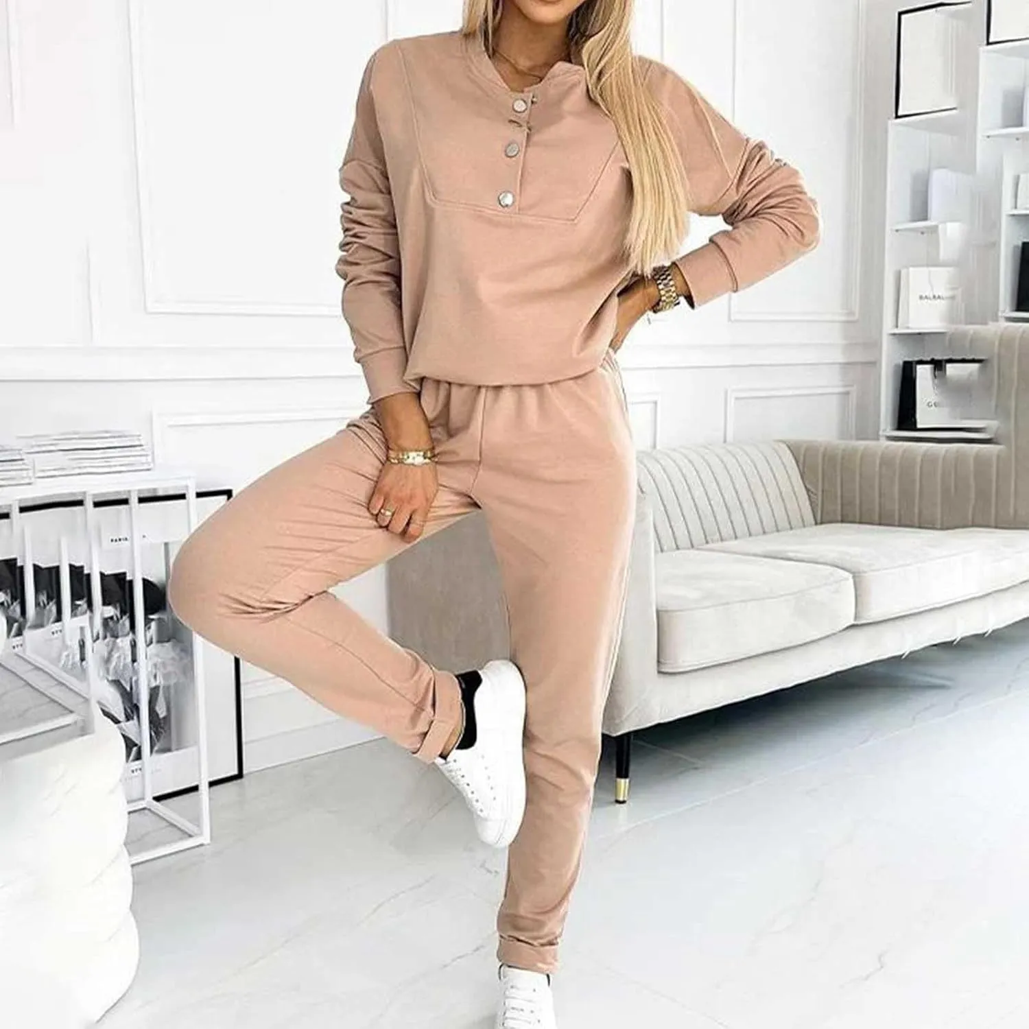 Womens 2 Piece Outfits Button Own Slim Fit Long Sleeved T Shirt Pants Two Piece Oversized Sweatshirt Jogger