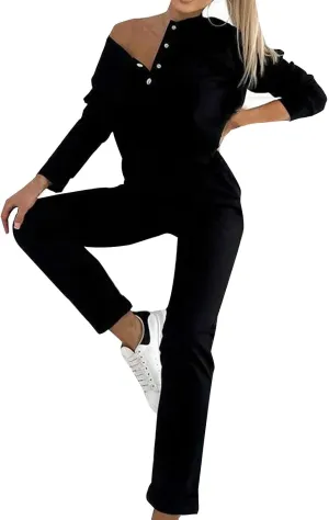 Womens 2 Piece Outfits Button Own Slim Fit Long Sleeved T Shirt Pants Two Piece Oversized Sweatshirt Jogger