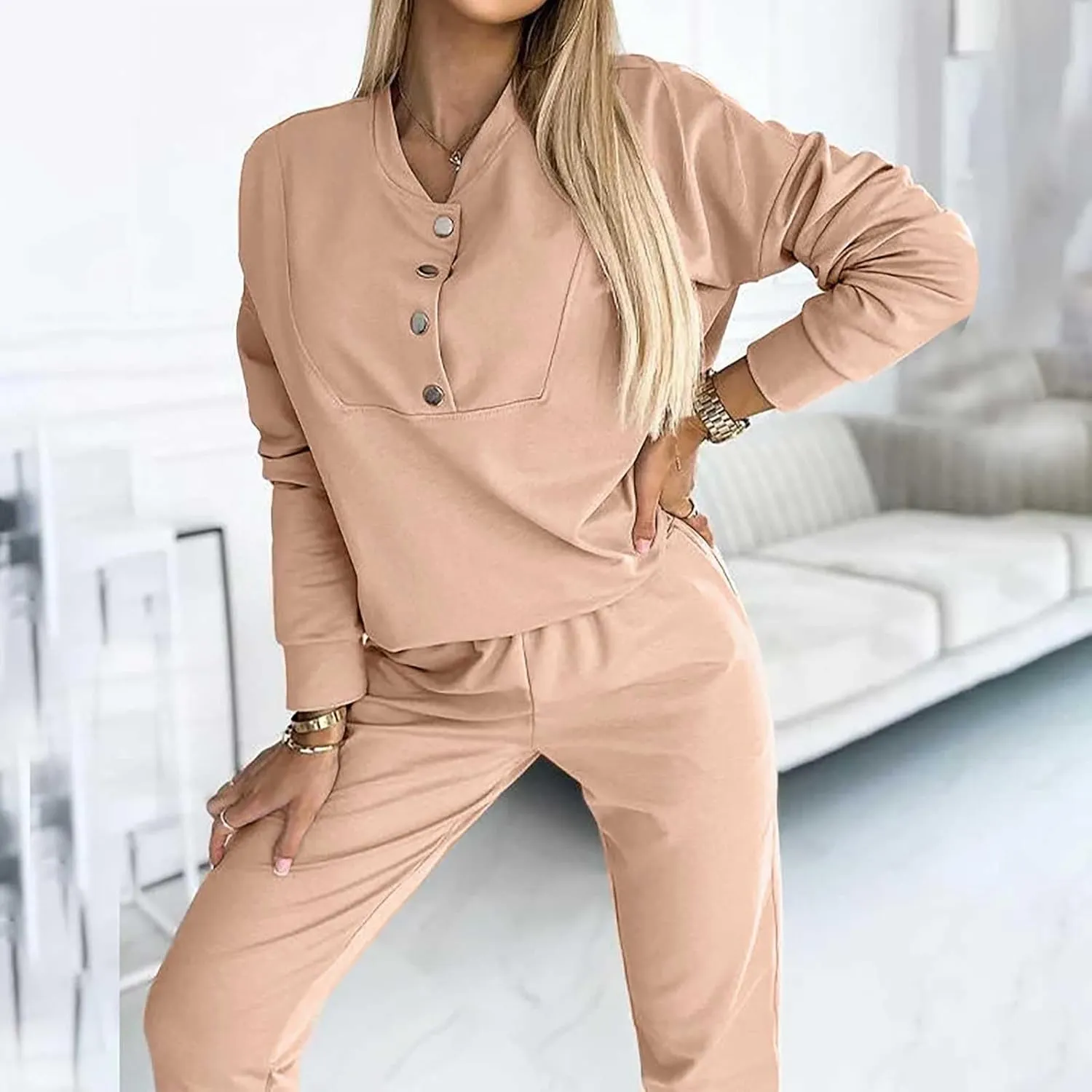 Womens 2 Piece Outfits Button Own Slim Fit Long Sleeved T Shirt Pants Two Piece Oversized Sweatshirt Jogger