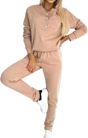 Womens 2 Piece Outfits Button Own Slim Fit Long Sleeved T Shirt Pants Two Piece Oversized Sweatshirt Jogger