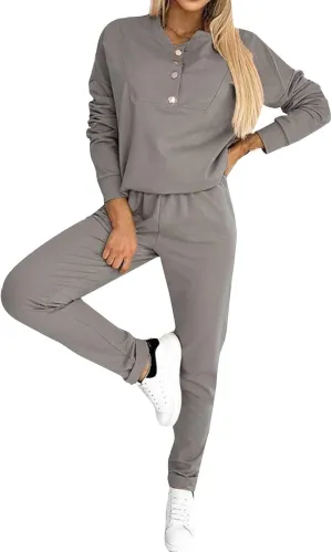 Womens 2 Piece Outfits Button Own Slim Fit Long Sleeved T Shirt Pants Two Piece Oversized Sweatshirt Jogger